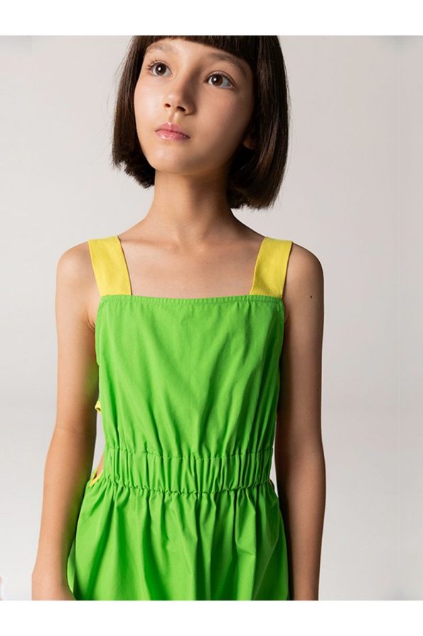 SheShe Yellow Strap Green Dress for Girls