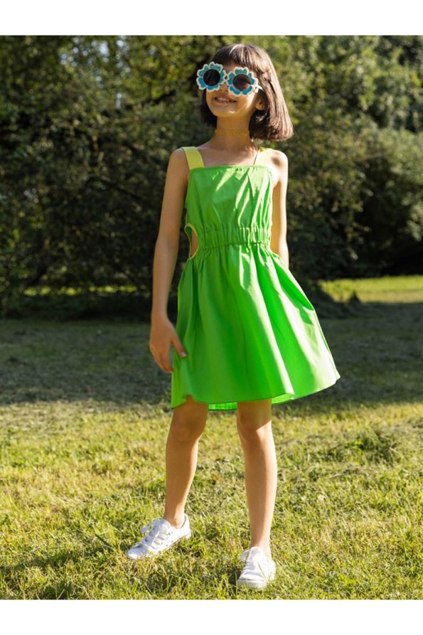 SheShe Yellow Strap Green Dress for Girls
