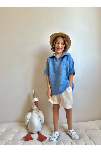 Yigit Boutique Muslin Fabric Shirt Collar Boy's Short Set