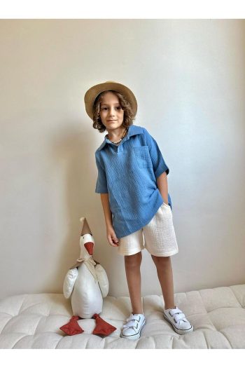 Yigit Boutique Muslin Fabric Shirt Collar Boy's Short Set