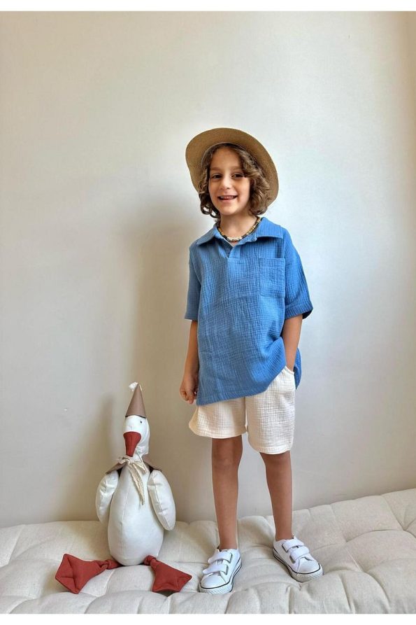 Yigit Boutique Muslin Fabric Shirt Collar Boy's Short Set