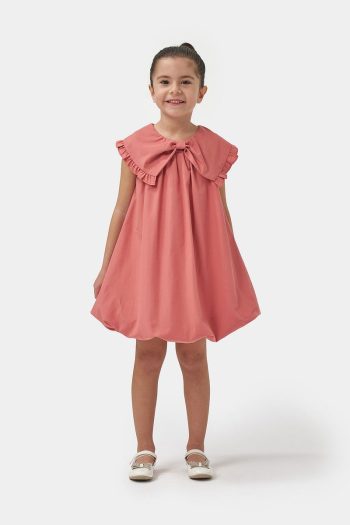 Minipodyum Girls' Bow Collar Woven Summer Balloon Dress