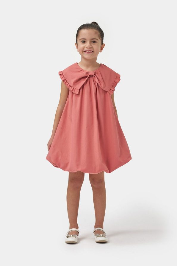 Minipodyum Girls' Bow Collar Woven Summer Balloon Dress