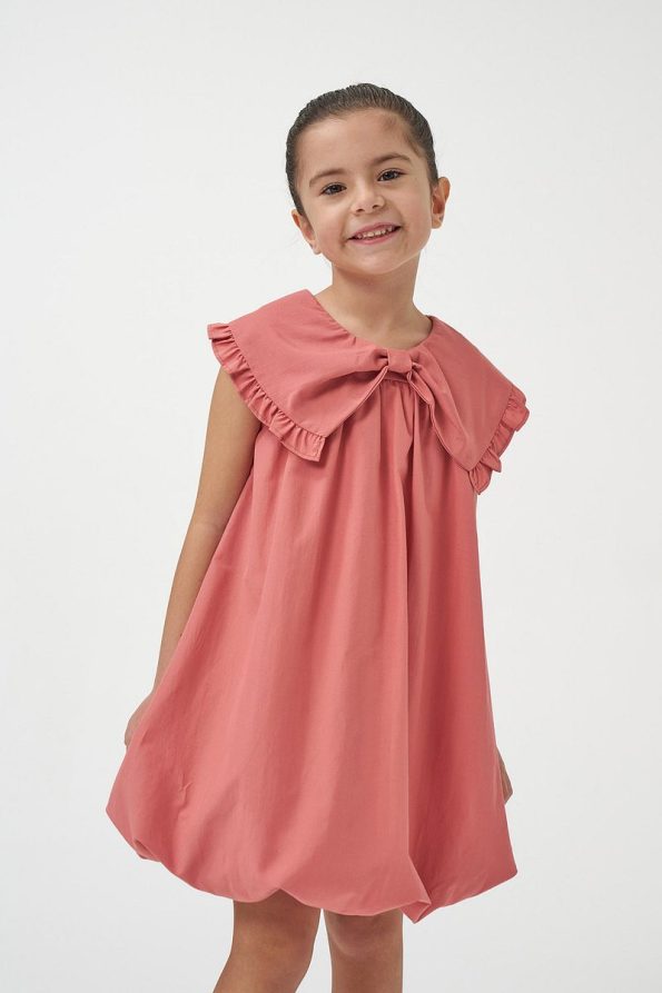 Minipodyum Girls' Bow Collar Woven Summer Balloon Dress