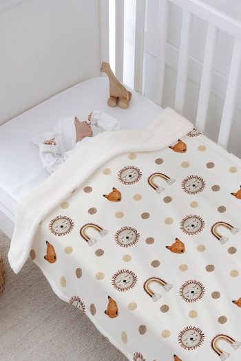 Tuğba Swan Plush Double-Sided Blanket - Vintage Lion and Rainbow