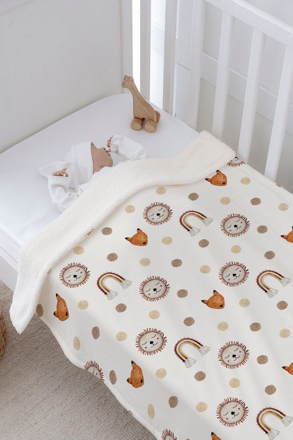 Tuğba Swan Plush Double-Sided Blanket - Vintage Lion and Rainbow