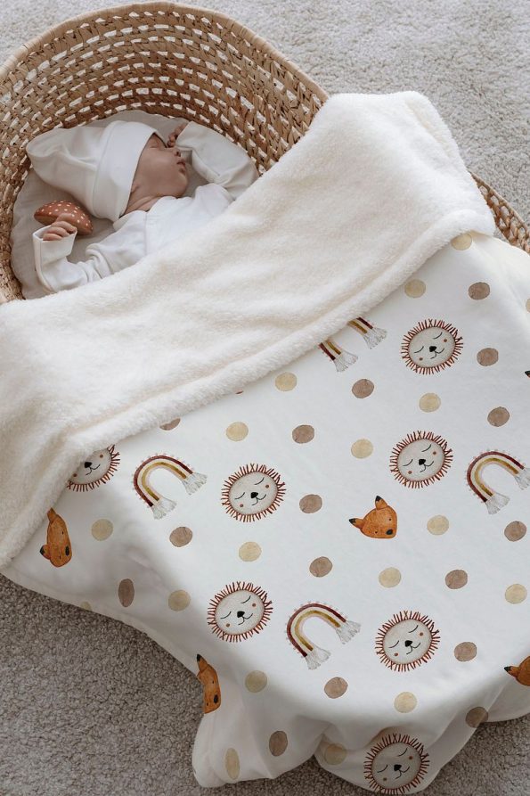 Tuğba Swan Plush Double-Sided Blanket - Vintage Lion and Rainbow