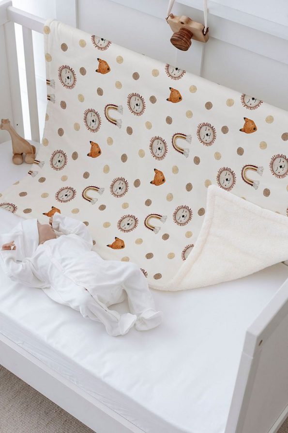 Tuğba Swan Plush Double-Sided Blanket - Vintage Lion and Rainbow