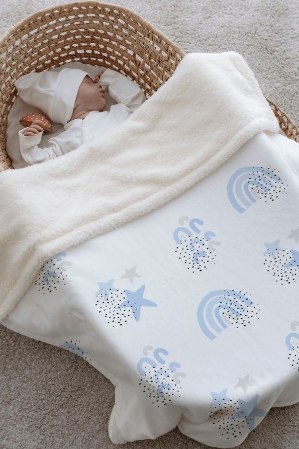 Tuğba Swan Plush Double-Sided Blanket - Blue Star and Rainbow