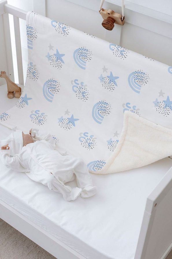 Tuğba Swan Plush Double-Sided Blanket - Blue Star and Rainbow