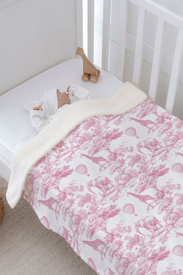 Tuğba Swan Plush Reversible Blanket - Pink Toile De Jouy