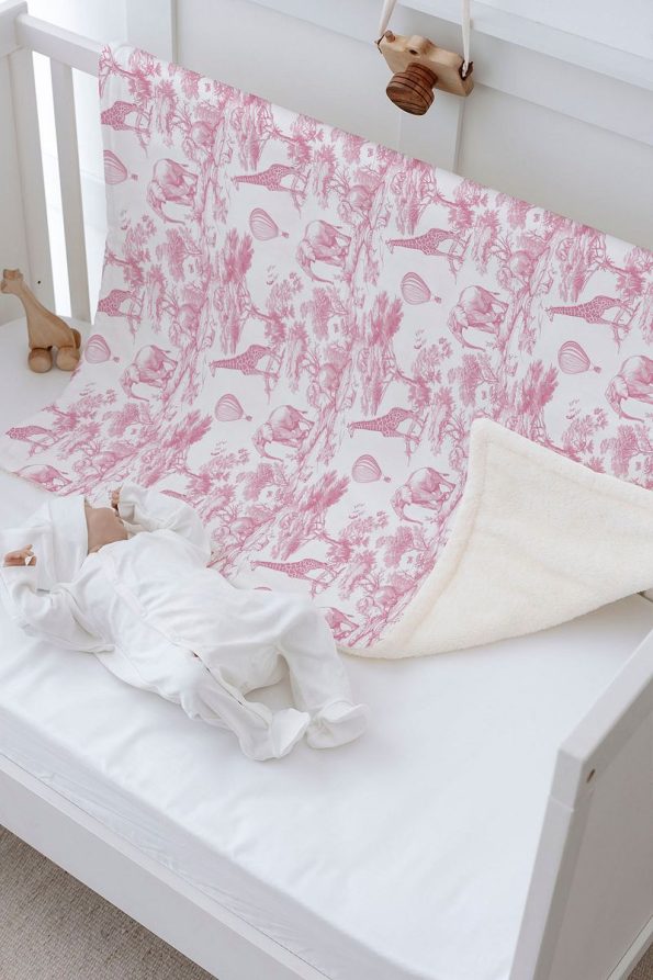 Tuğba Swan Plush Reversible Blanket - Pink Toile De Jouy