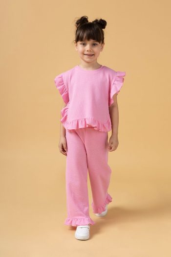 Minipodyum Girls Ruffled Waffle Summer Two-Piece Set