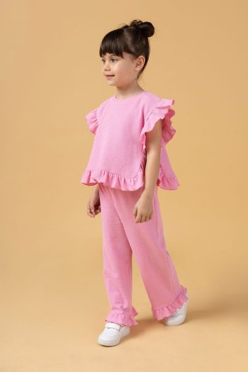 Minipodyum Girls Ruffled Waffle Summer Two-Piece Set