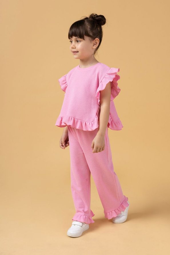 Minipodyum Girls Ruffled Waffle Summer Two-Piece Set