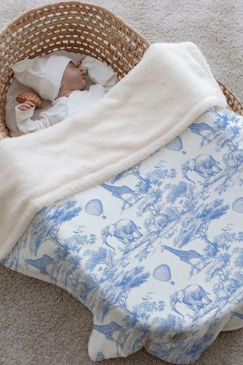 Tuğba Swan Plush Double-Sided Blanket - Blue Toile De Jouy