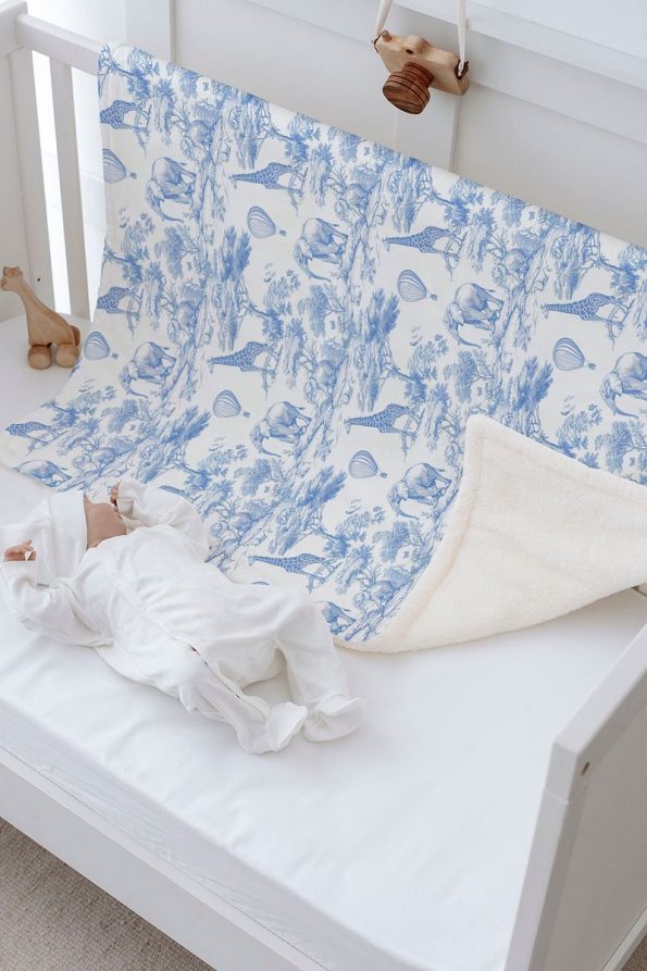 Tuğba Swan Plush Double-Sided Blanket - Blue Toile De Jouy