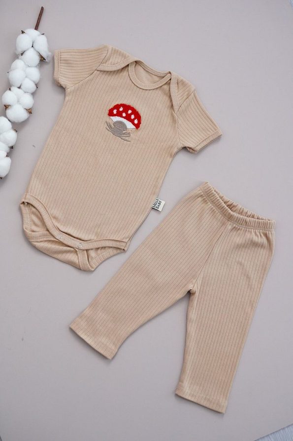 MELLS BABY Mushroom Embroidered Short Sleeve Baby Bodysuit and Snap Pants Set