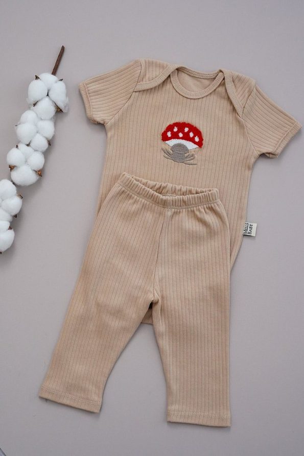 MELLS BABY Mushroom Embroidered Short Sleeve Baby Bodysuit and Snap Pants Set