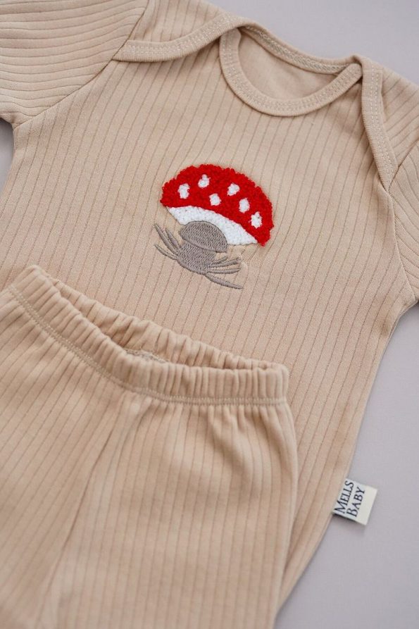MELLS BABY Mushroom Embroidered Short Sleeve Baby Bodysuit and Snap Pants Set
