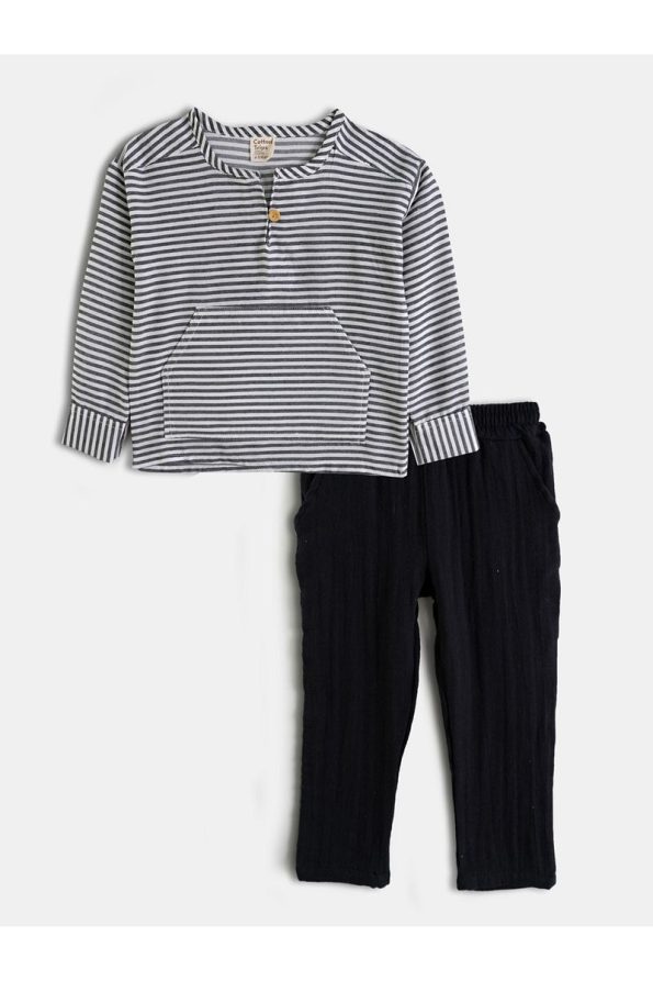 Cotton Trips Striped Shirt and Textured Set for Kids (2-7 Years)