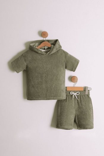 Pollito Boys' Hooded Towel Fabric Olive T-Shirt and Shorts Set