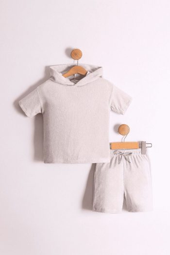Pollito Boys' Stone Color Hooded Towel Fabric T-Shirt and Shorts Set