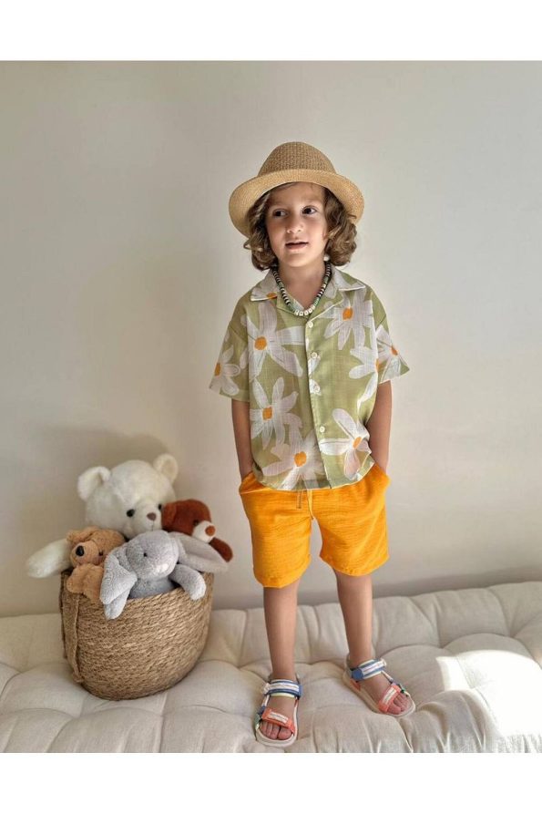 Jolly Kids Boys' Floral Print Linen Shorts Set