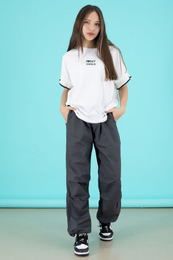 Cansın Mini Gray Oversized T-Shirt and Parachute Pants Set for Girls
