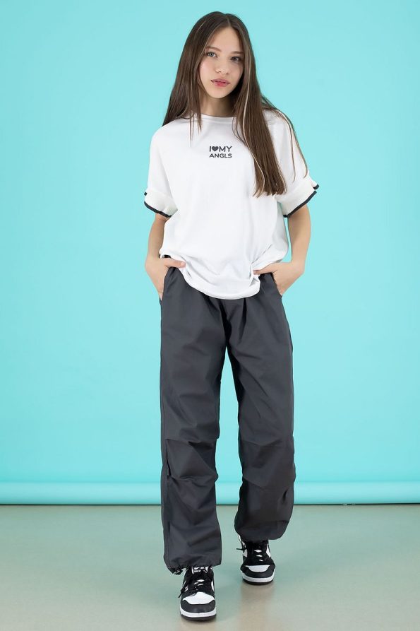 Cansın Mini Gray Oversized T-Shirt and Parachute Pants Set for Girls