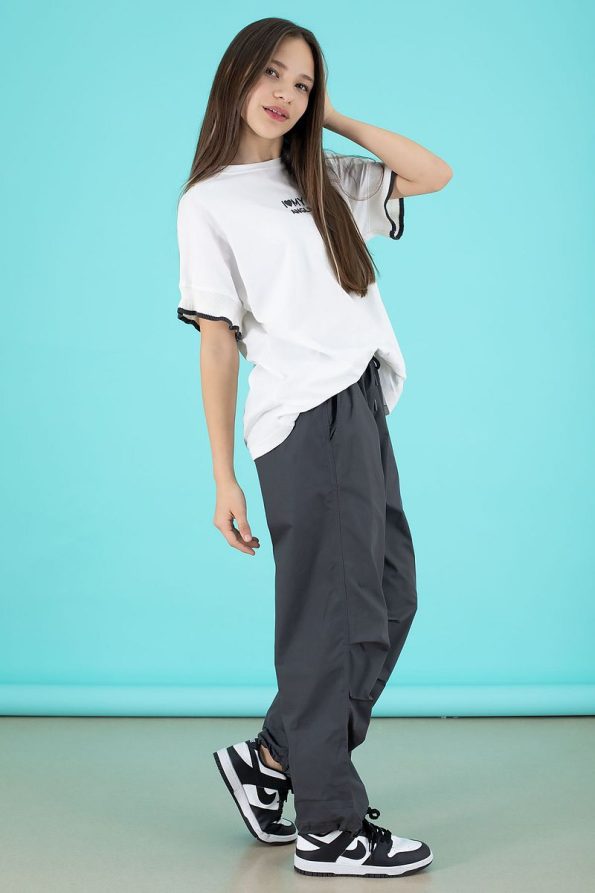 Cansın Mini Gray Oversized T-Shirt and Parachute Pants Set for Girls