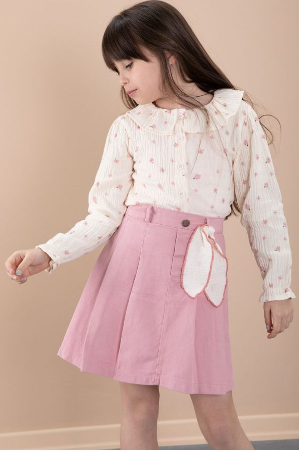 Cansın Mini Pink Floral Muslin Top with Denim Skirt Set for Girls
