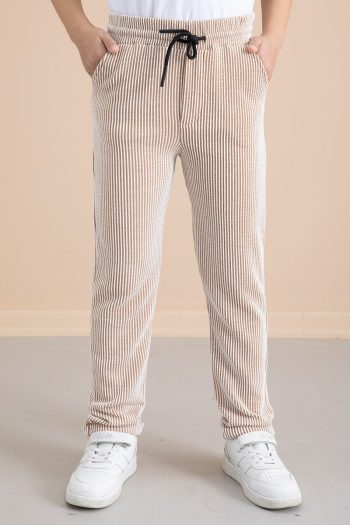 Cansın Mini Corduroy Tan Striped Boys Elastic Waist Pants