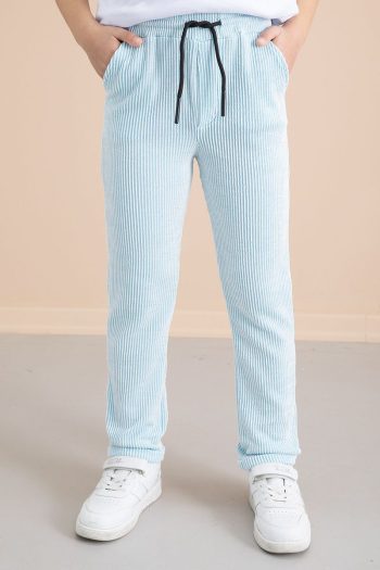 Cansın Mini Ribbed Blue Striped Boys' Elastic Waist Pants