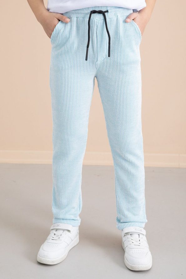 Cansın Mini Ribbed Blue Striped Boys' Elastic Waist Pants