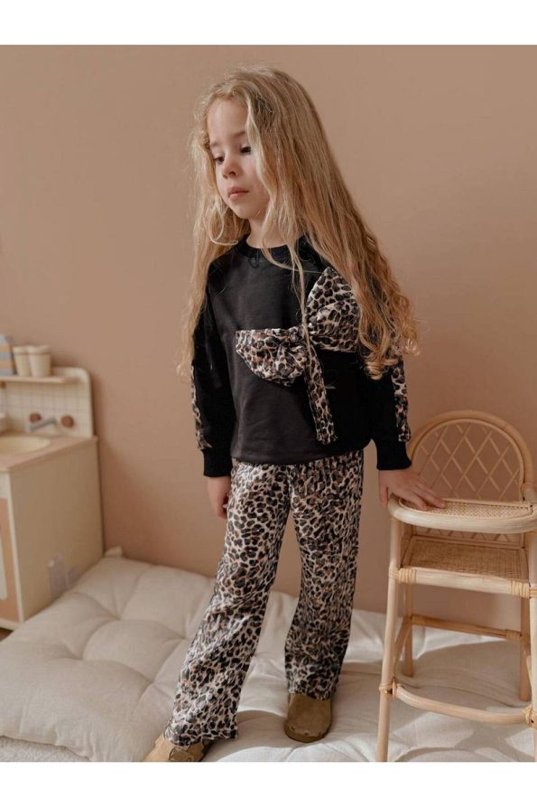 Yigit Boutique Leopard Print Bow Detail Girls' Outfit