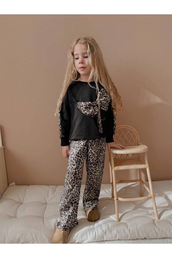 Yigit Boutique Leopard Print Bow Detail Girls' Outfit