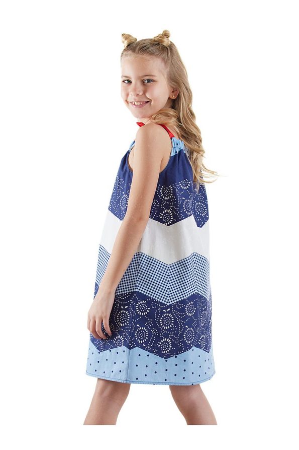 Denokids Navy Blue and White Patterned Poplin Dress for Girls