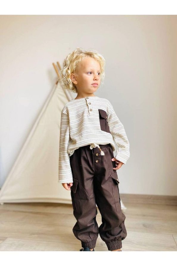 Minibambi Boys' Woven Pants Long Striped Sweat Set Brown