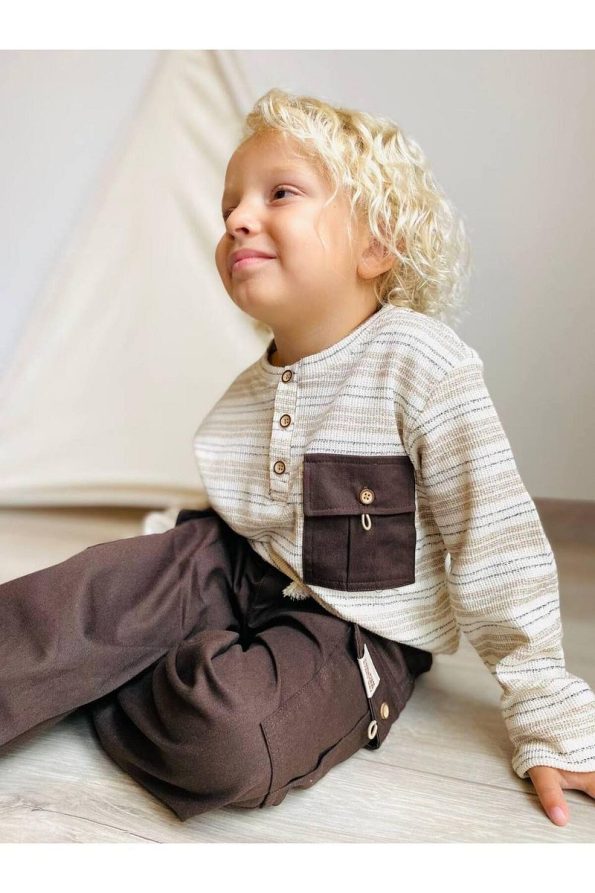 Minibambi Boys' Woven Pants Long Striped Sweat Set Brown