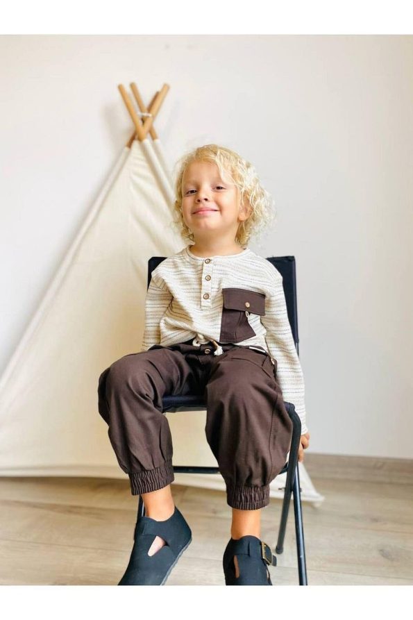 Minibambi Boys' Woven Pants Long Striped Sweat Set Brown