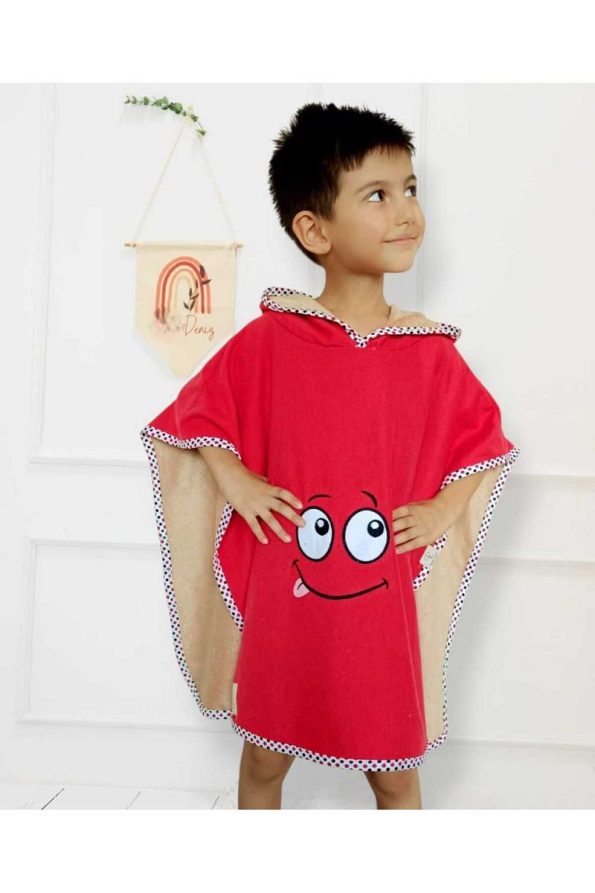 Soft Cotton Hooded Poncho for Kids in Red