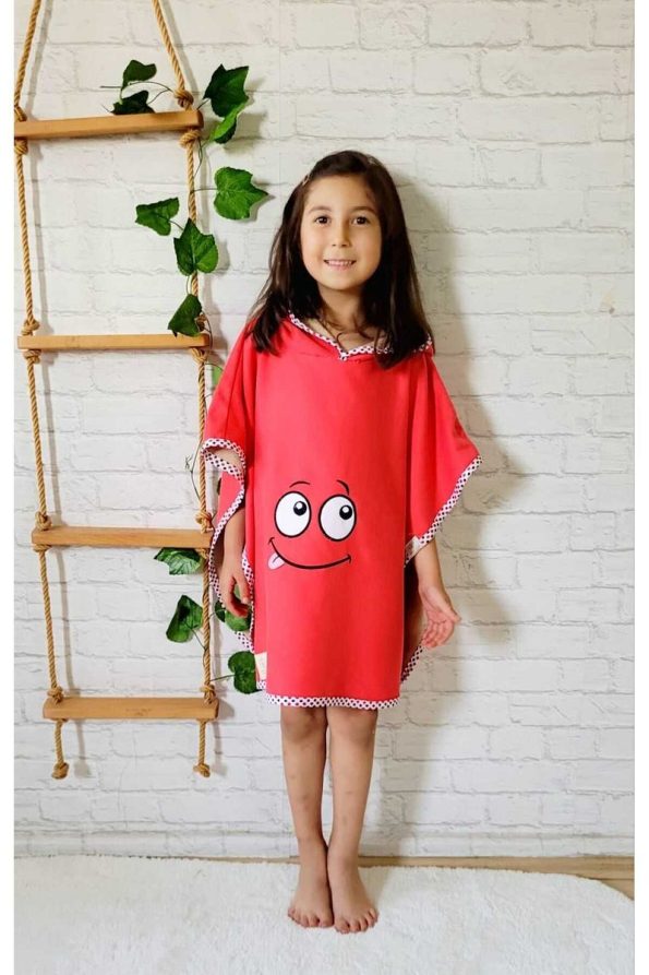 Soft Cotton Hooded Poncho for Kids in Red
