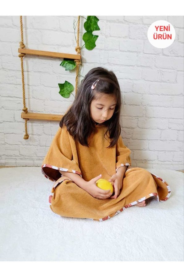 Cotton Soft Hooded Towel Poncho for Kids in Mustard Yellow