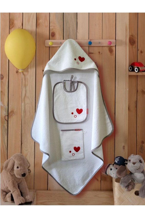 Cotton Lady 3-Piece Set Soft Cotton Baby Bath Towel Swaddle White/Heart