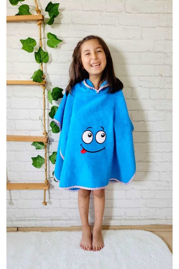 Soft Cotton Hooded Poncho for Kids - Blue