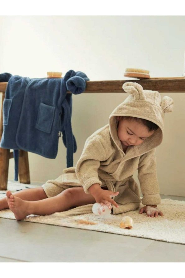 Soft Cotton Unisex Kids' Bathrobe in Beige with Ears