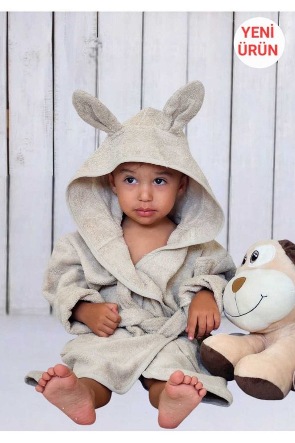 Soft Cotton Unisex Kids' Bathrobe in Beige with Ears