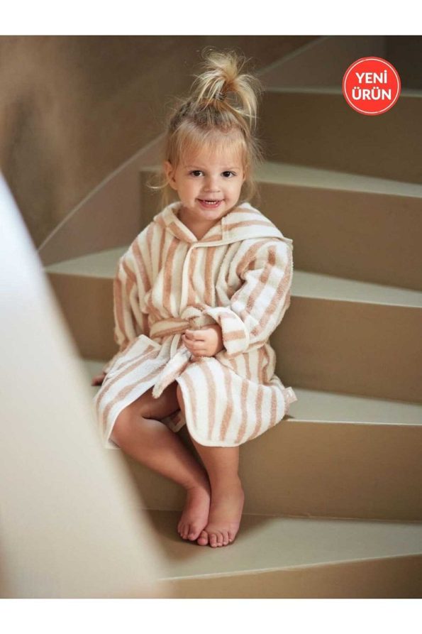 Cotton Hooded Bathrobe for Girls - Striped Pink