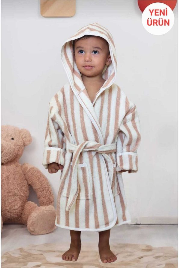 Cotton Hooded Bathrobe for Girls - Striped Pink